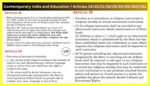 Contemporary India and Education / Articles 14/15/21/28/29/30/45/350/351